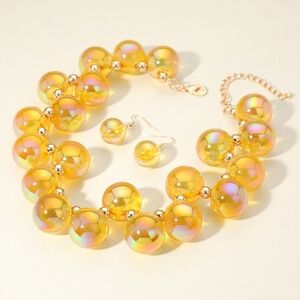 Yellow Iridescent Ball Necklace Set Chunky Beaded Fun Statement Jewelry